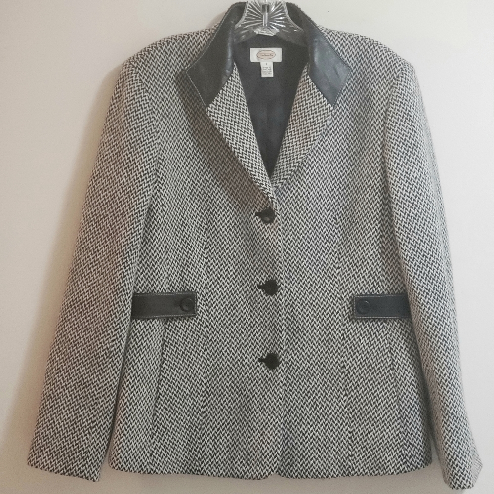 Talbots Leather-Trimmed Jacket, Black/Ivory, Sz 8
